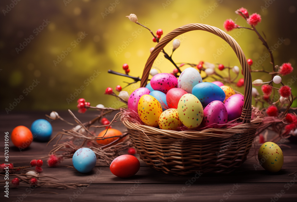 An easter card with a basket full of colored eggs background An easter card with a basket full of colored eggs background