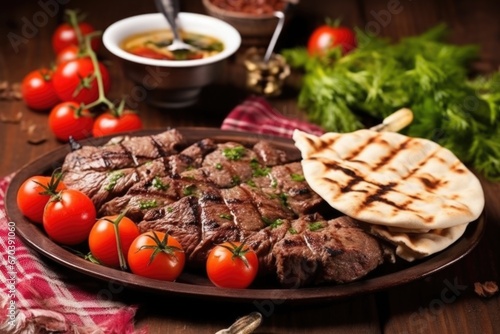 high angle view of grilled lamb kebabs served with pita bread