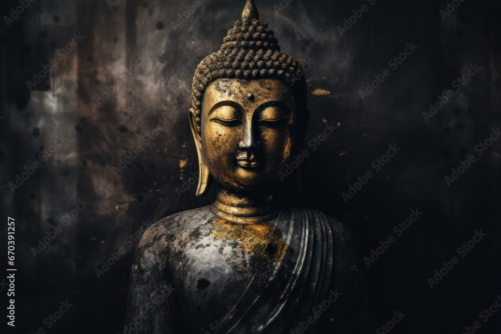 a golden buddha statue in the dark, in the style of gothic dark and moody tones