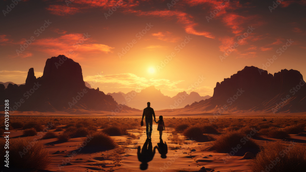 A family walks through the desert into an uncertain future.