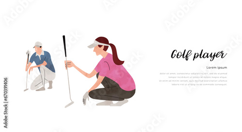 ベクターイラスト素材：ゴルフ、真剣にプレーする男性と女性
