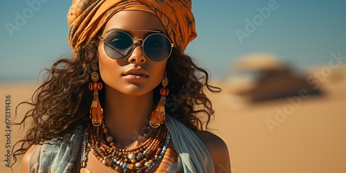 mysterious young tribal woman with glasses in the desert, a lonely female nomad photo