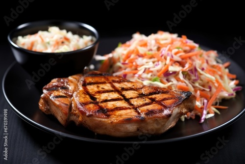grilled pork chops with a side of coleslaw on a black plate