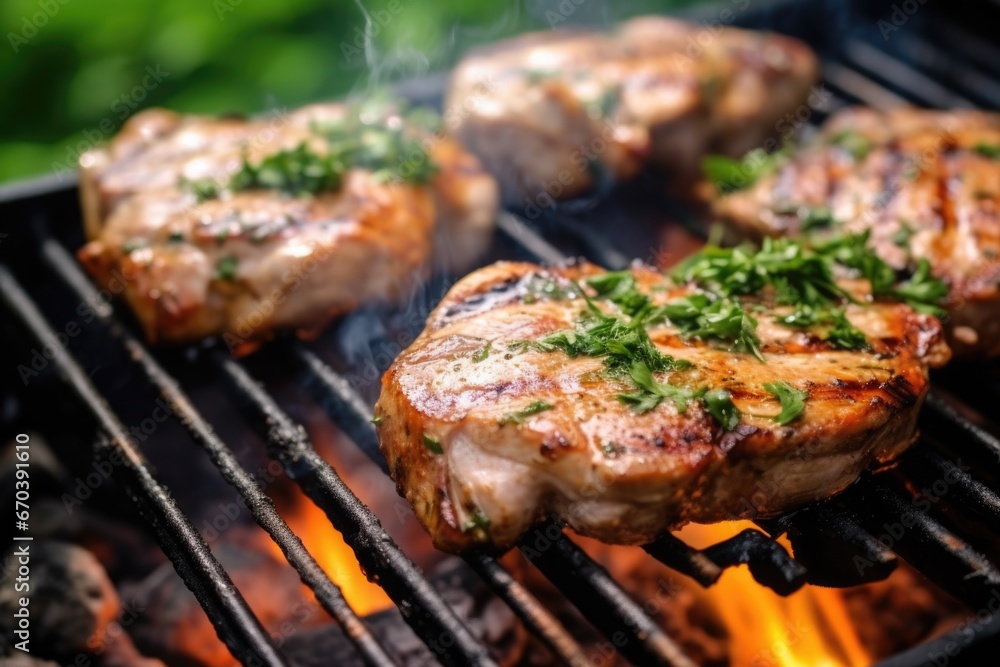 close-up of juicy pork chops grilling on a summer barbecue
