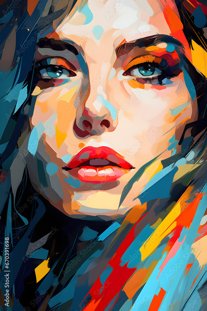 abstract colourful fragmented portrait painting of beautiful woman