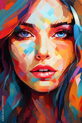 abstract colourful fragmented portrait painting of beautiful woman