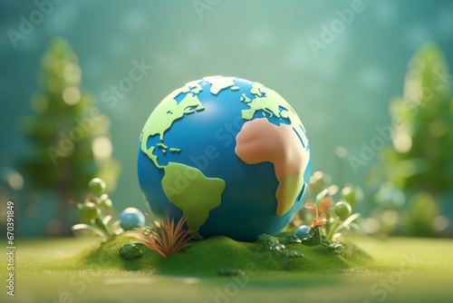 3D globe cradled in vibrant green grass, adorned with colorful flowers, against a clear blue sky backdrop.