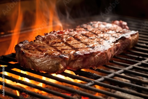porterhouse steak sizzling on a white hot grill
