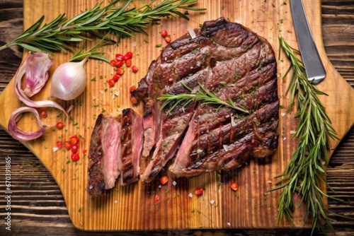 overhead view of grilled porterhouse on a wooden board