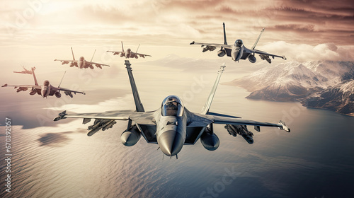 a group of fighter jets flying together over water, Fighter jets flying in formation over the ocean