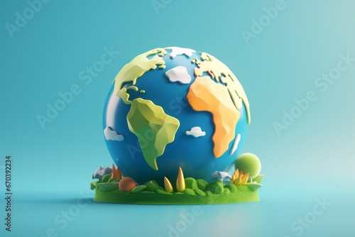 3D Earth on a grassy stand with miniature animals, underlining the importance of global conservation and biodiversity. © Phanida