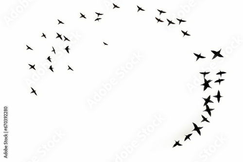Flock of birds flying through the air in circle of black birds.