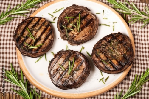 top view of a grilled portobello mushroom with sprigs of rosemary © altitudevisual