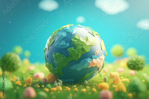 Colorful globe with miniature trees against a soft green backdrop, a journey through geography.