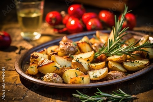 rustic setting with grilled potatoes and rosemary sprigs