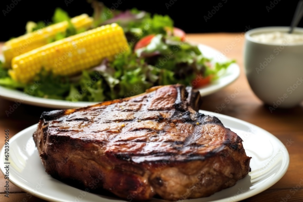 grilled ribeye steak with corn on the cob and salad