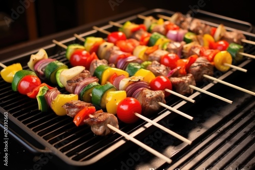 ribeye steak and vegetable skewers on a griddle pan