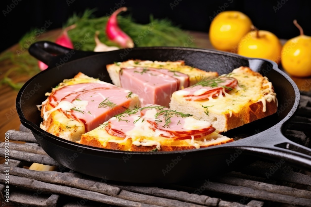 bread with cheese and ham under a brick in grill pan