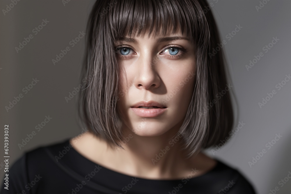 Beautiful woman portrait in black stands on a gray background Beautiful woman portrait in black stands on a gray background