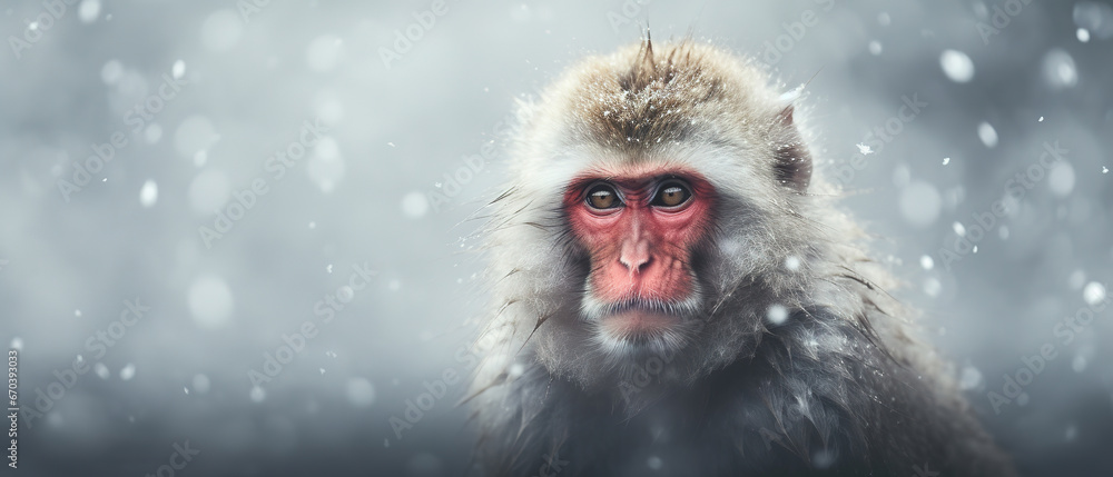Front view of a snow monkey on winter background. Wild animals banner with empty copy space Front view of a snow monkey on winter background. Wild animals banner with empty copy space