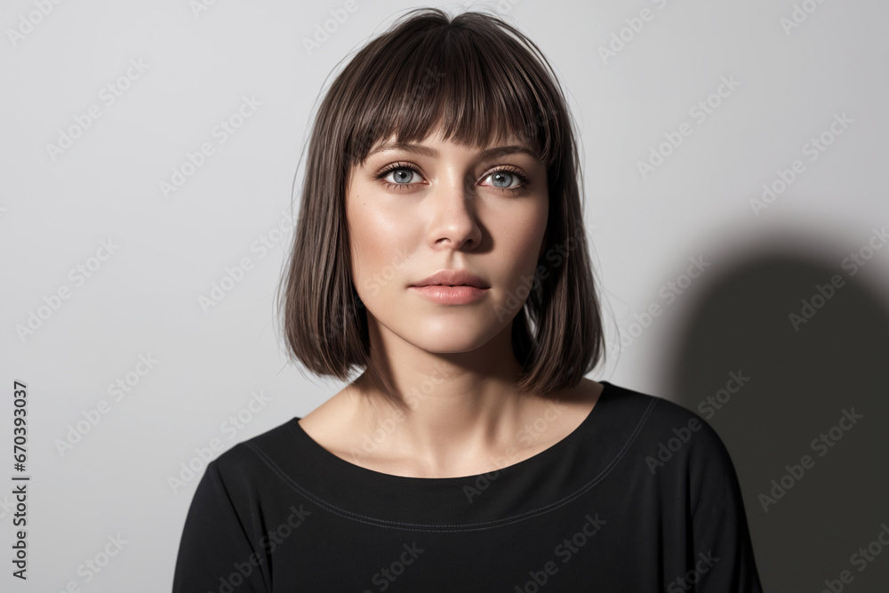 Beautiful woman portrait in black stands on a gray background Beautiful woman portrait in black stands on a gray background