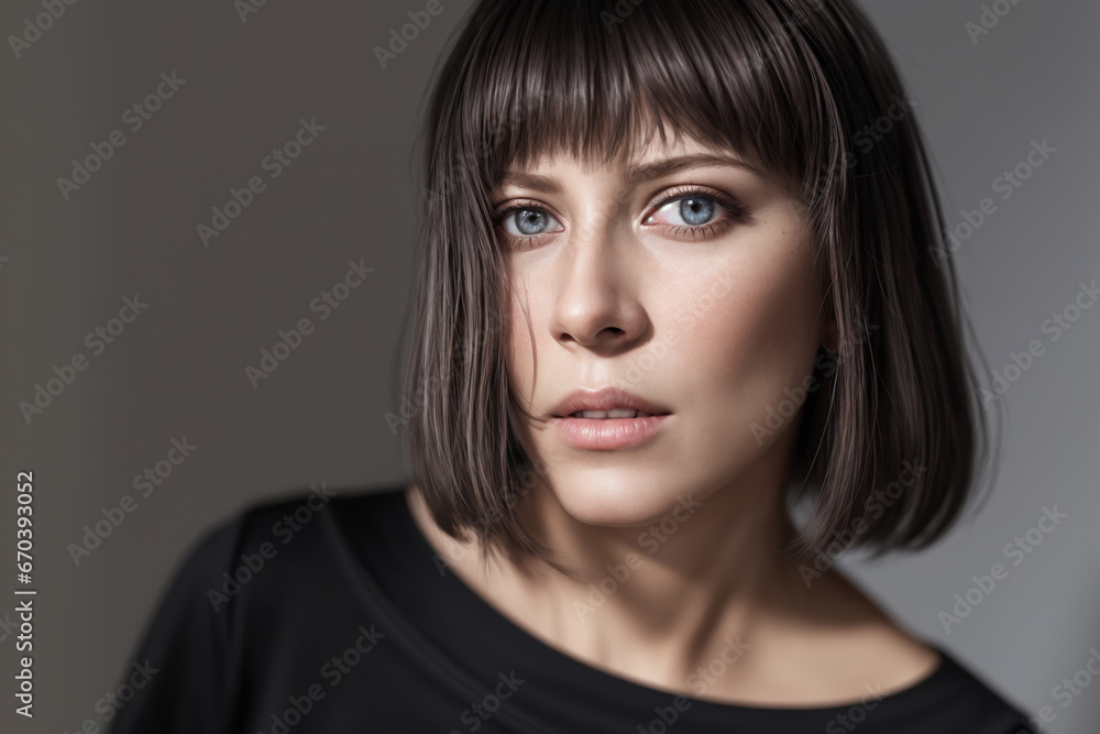 Beautiful woman portrait in black stands on a gray background Beautiful woman portrait in black stands on a gray background