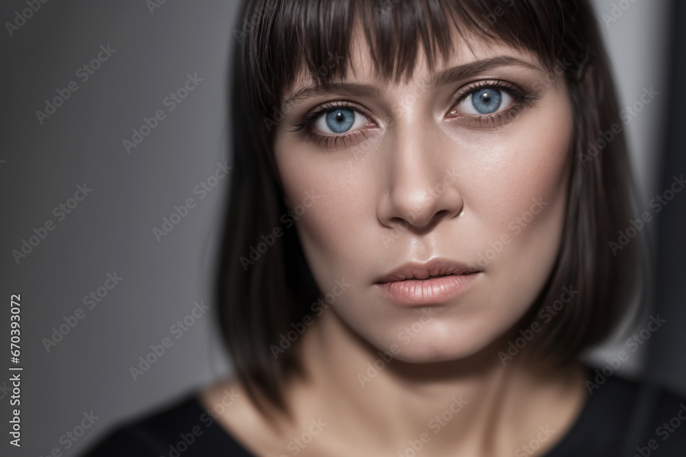 Obraz premium Beautiful woman portrait in black stands on a gray background