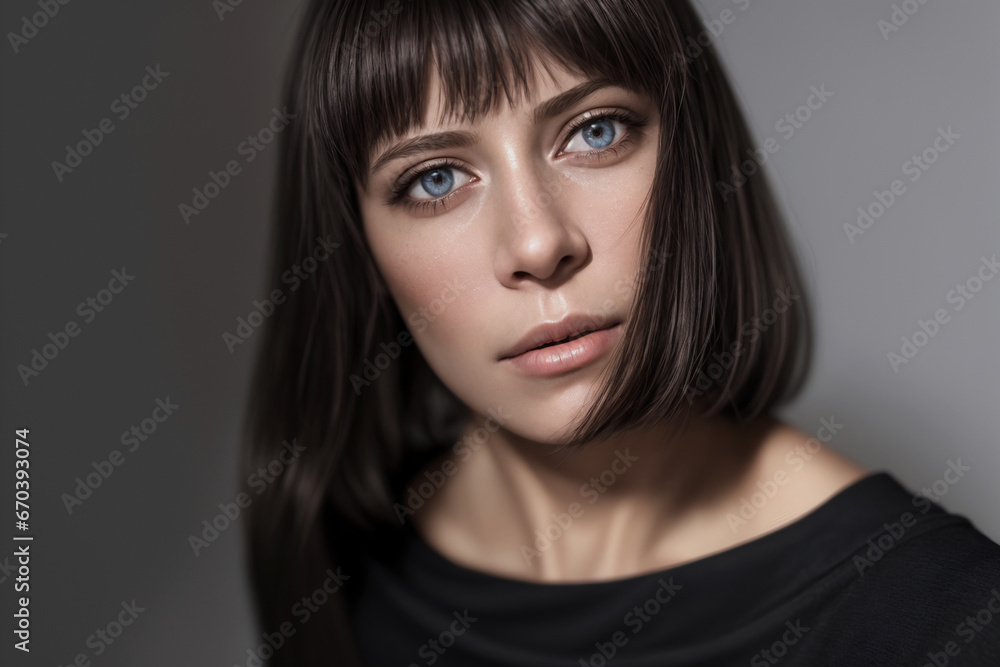 Beautiful woman portrait in black stands on a gray background Beautiful woman portrait in black stands on a gray background
