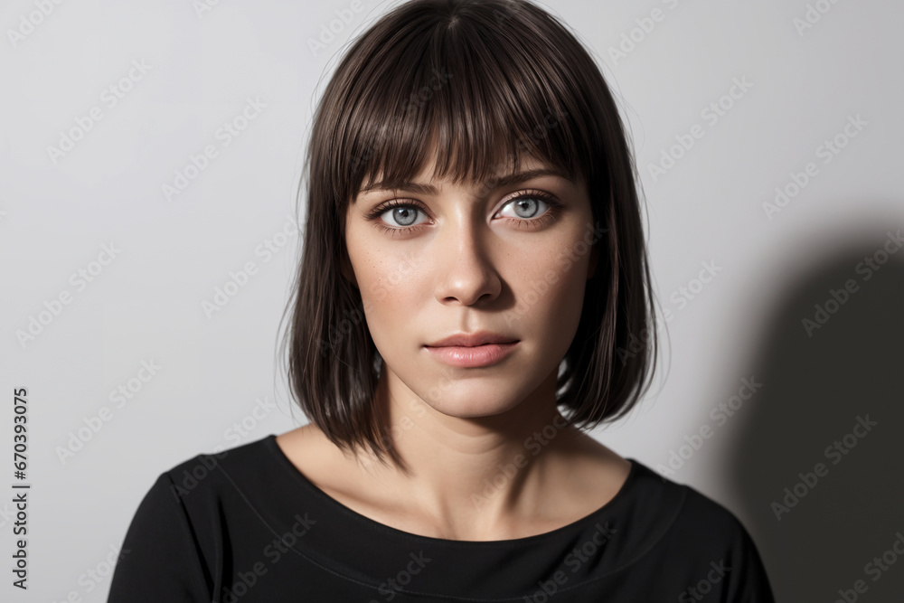 Beautiful woman portrait in black stands on a gray background Beautiful woman portrait in black stands on a gray background