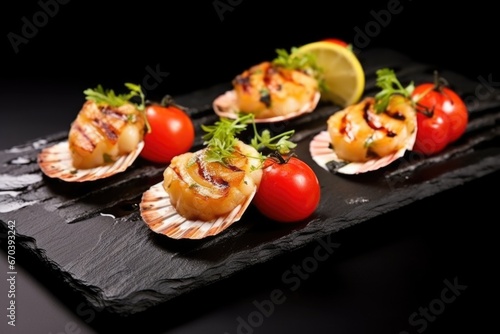 grilled scallops on a black slate with garnish