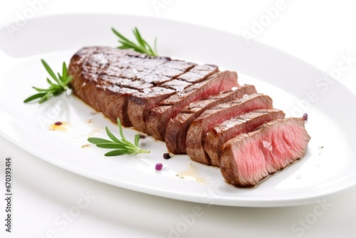 a grilled sirloin steak served on a white plate