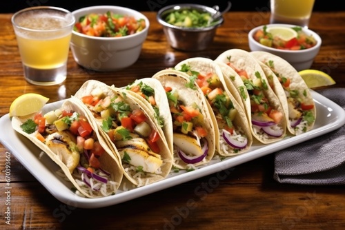 grilled fish tacos with toppings, served on a tray