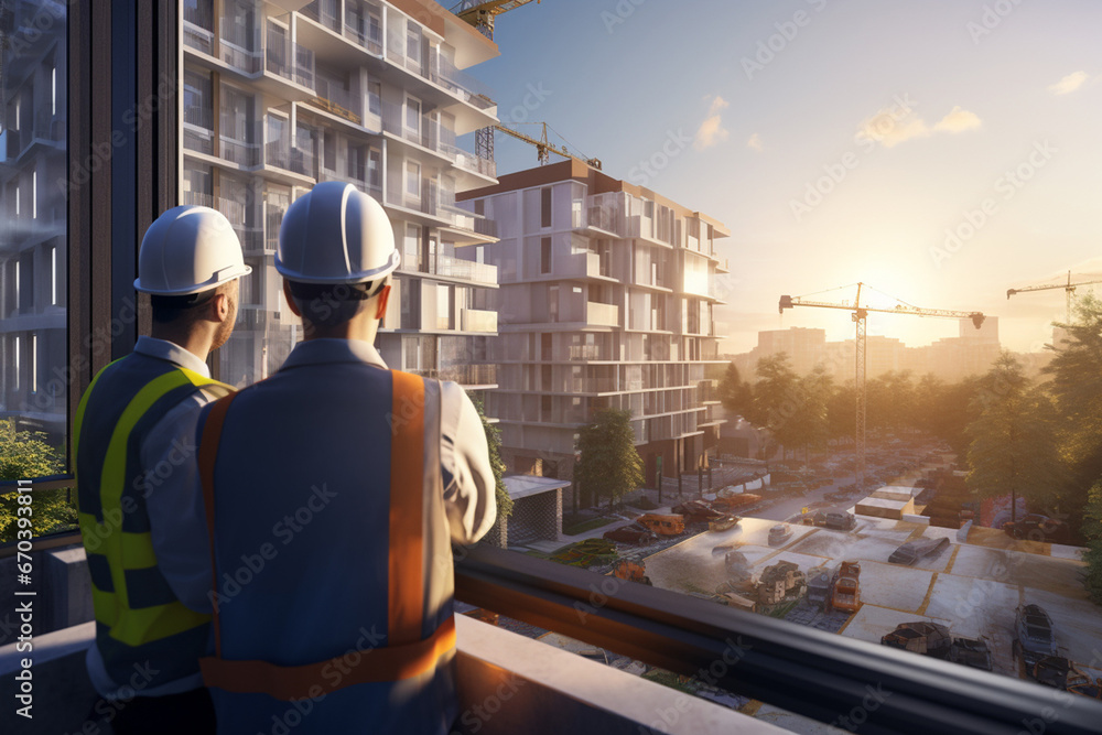 Illustration of A pair of dedicated engineers vigilantly supervise the construction of a towering building, aiming for the most favorable results. Generative AI. Illustration of A pair of dedicated engineers vigilantly supervise the construction of a towering building, aiming for the most favorable results. Generative AI.