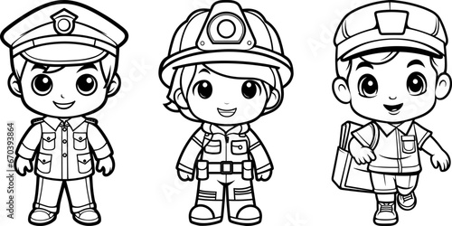 Community workers friendly cartoon characters jobs collection. Police officer, firefighter and post delivery man friends. Black outline coloring book vector illustrations.	