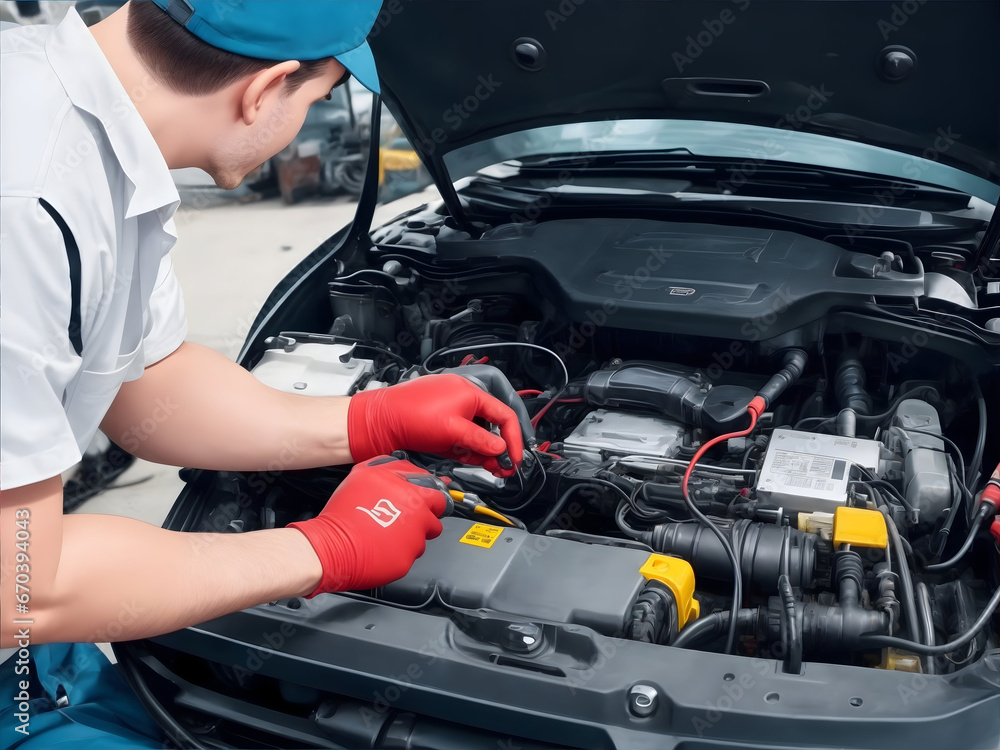 Technician Hands of car mechanic working repair in auto repair Service electric battery and Maintenance of car battery. Check the electrical system inside the car. Technician Hands of car mechanic working repair in auto repair Service electric battery and Maintenance of car battery. Check the electrical system inside the car.