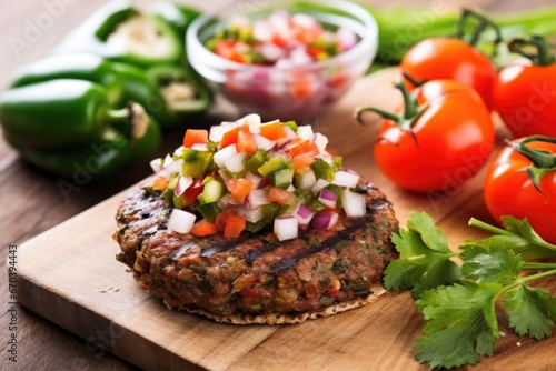 grilled veggie burger with spicy jalapenos and salsa