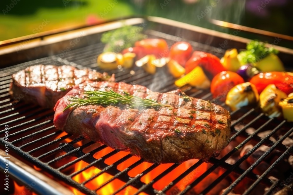 grilled steak surrounded by grill smoke on a sunny day