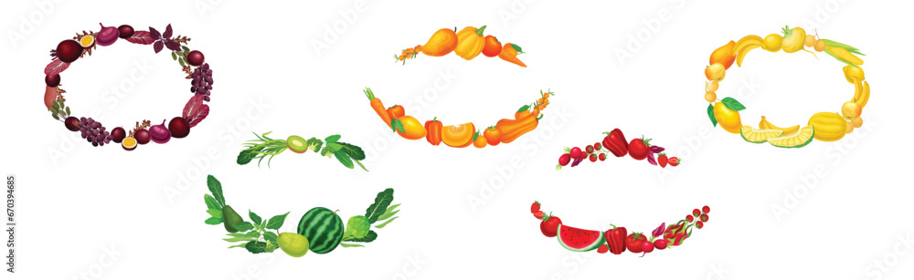 Fruit and Vegetable Wreath with Fresh and Ripe Garden Crops Vector Set Fruit and Vegetable Wreath with Fresh and Ripe Garden Crops Vector Set