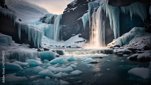 Icy waterfall at dusk, An enchanting frozen waterfall surrounded by icy formations and illuminated by the soft light of dusk, evokes a sense of wonder and natural beauty, generative Ai