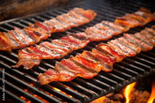 bacon strips sizzling on a grill grate