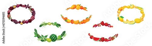 Fruit and Vegetable Wreath with Fresh and Ripe Garden Crops Vector Set