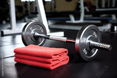 weights alongside a sweat towel on a gym floor