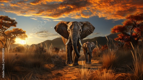 African elephant family in front of the stunning savanna sky at sunset photo