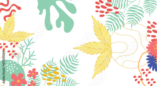 Colorful background vector illustration.Exotic plants, branches,art print for beauty, fashion and natural products,wellness, wedding and event.