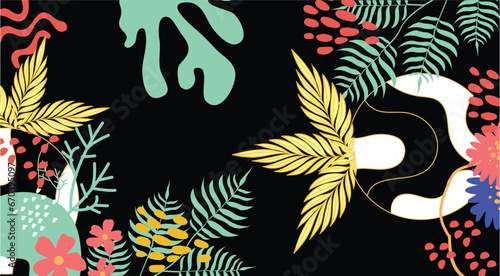 Colorful background vector illustration.Exotic plants, branches,art print for beauty, fashion and natural products,wellness, wedding and event.