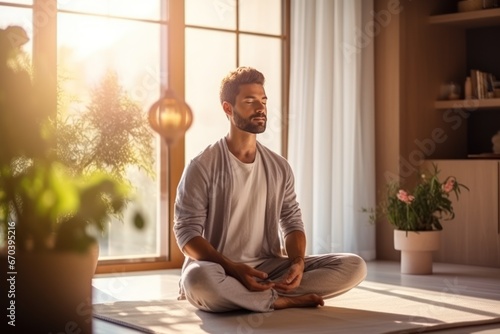 Healthy serene young man meditating at home, relaxing body and mind sitting on floor in living room. Mental health and meditation for no stress. photo