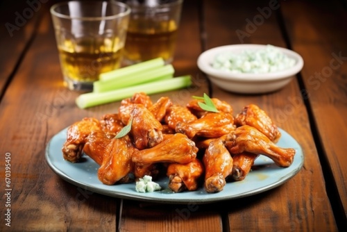 honey bbq chicken wings with celery and blue cheese on a wooden table