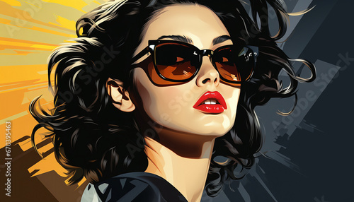 Digital illustration of a glamorous woman with wavy hair  wearing oversized sunglasses  set against an abstract background of dark and warm tones.