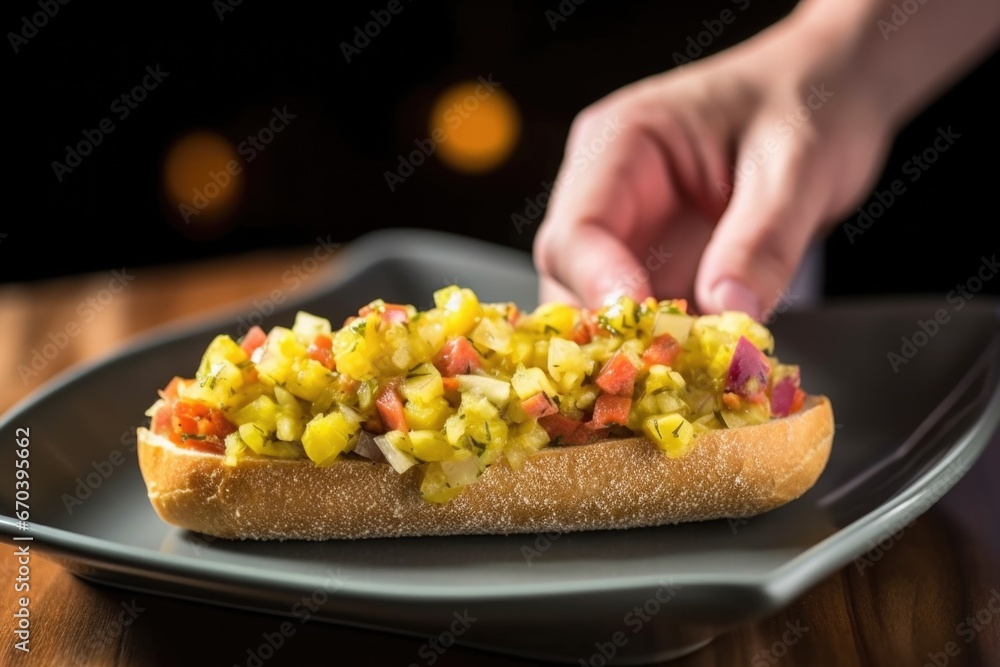 palm presenting a plate featuring a hot dog smothered in pickle relish