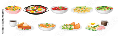 Nutritious Tasty Dishes Served on Plates Vector Set